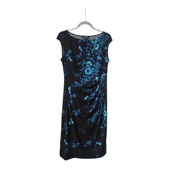 Lauren Ralph Lauren Dress Size 10 Sleeveless Black Stretch Floral Side Ruching - Picture 1 of 8